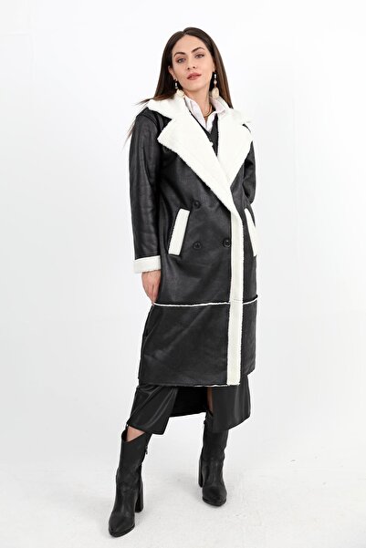 VAPUR TEKSTİL Замшеве пальто - круазе комір, плюшевий капюшон, довге - чорне-...