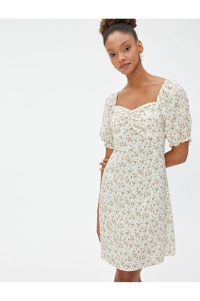 Koton Floral Φόρεμα Viscose Mini Balloon Sleeves Sweetheart λαιμόκοψη