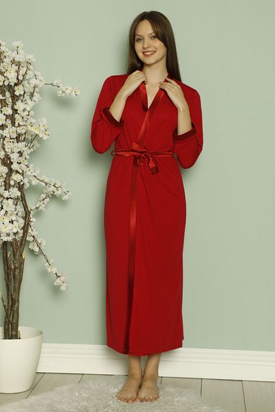 ERDENİZ TEKSTİL Women's Dressing Gown Double Breasted Collar Cotton with Satin Detail and Tie