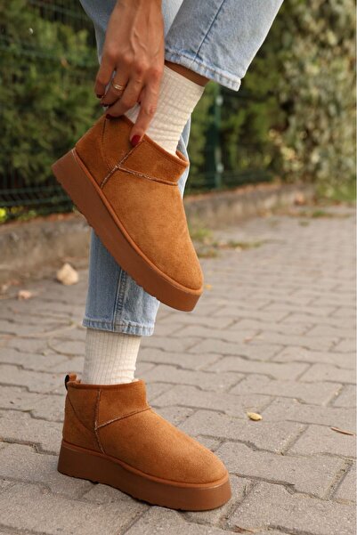 Basakshoes Mini Taba Süet İçi Kürklü Kalın Taban Kadın Bot