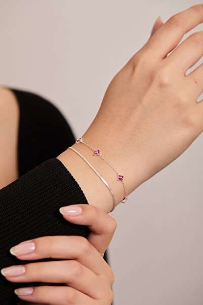 Elika Silver 925 Ayar Gümüş Tilki Kuyruğu Zincir - Pembe Zirkon Taşlı Minimal...