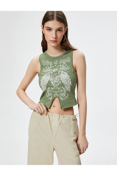Koton Crop Sleeveless T-Shirt Printed Asymmetric Cut Front Crew Neck Cotton