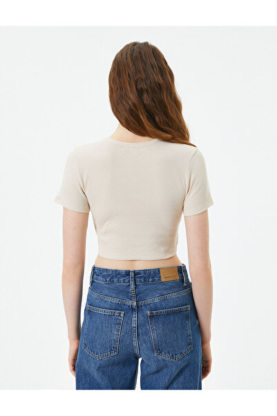 Koton Basic Crop T-Shirt με ραβδώσεις με κοντό μανίκι Crew Neck Slim Fit