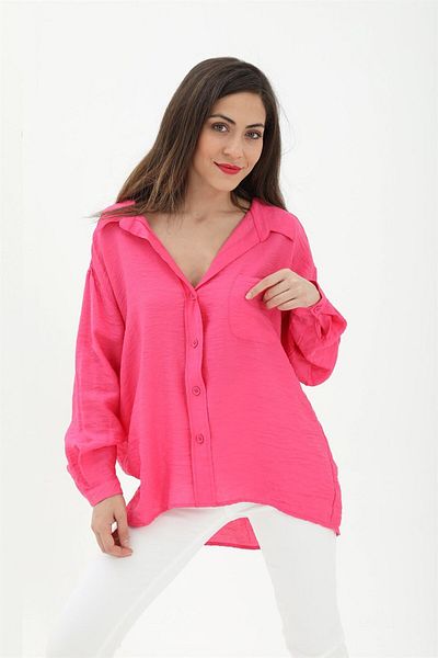 VAPUR TEKSTİL Cămașă cu un singur buzunar din in fucsia