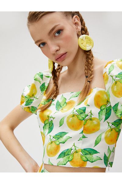 Koton Cotton Crop Blouse - Fruit Print, Short Balloon Sleeve, Square Collar