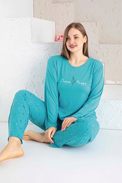 bie's Blue Round Neck Large Oversize Viscose Pocket Large Size Seasonal Long Sleeve Pajamas Set