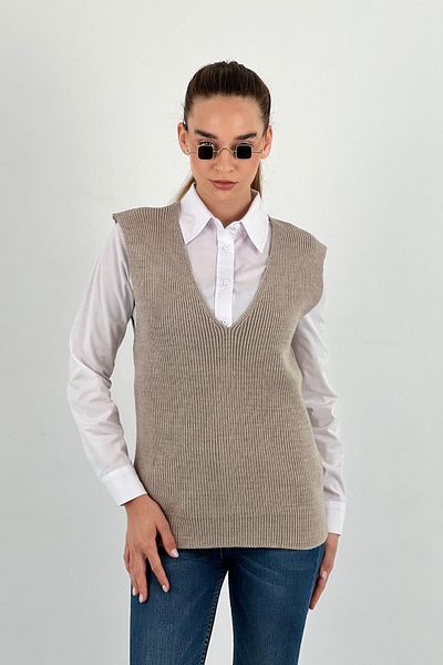 Miss Poem Women's V-Neck Sleeveless Strap Hijab Winter Stone Knitwear Sweater