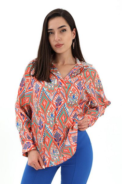 VAPUR Cămașă cu mâneci raglan din satin portocaliu - imprimată