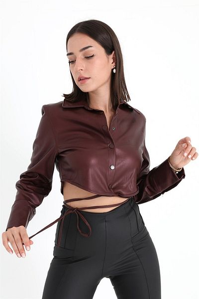 VAPUR Cămașă scurtă din piele de damă cu dantelă din catifea în interior - Roșu Claret