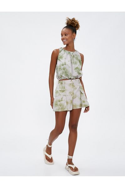 Koton Fallschirm-Crop-Bluse, ärmellos, Batikmuster, Rundhalsausschnitt