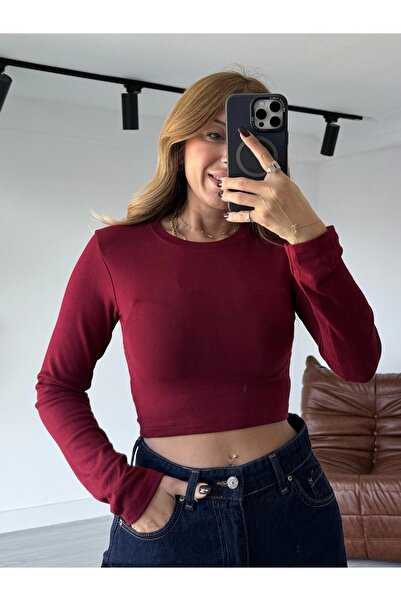 KÜBRA SÖYLEMEZ BOUTİQUE Bordo Marka Model Crop Uzun Kollu Bluz