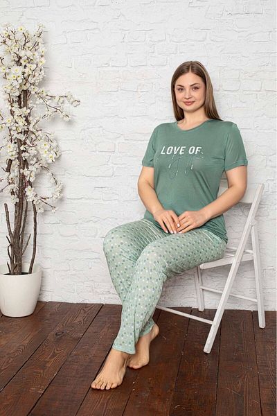 bie's Green Polka Dot Buttonless Round Neck Large Oversize Viscose Large Size Pajama Set with Pockets