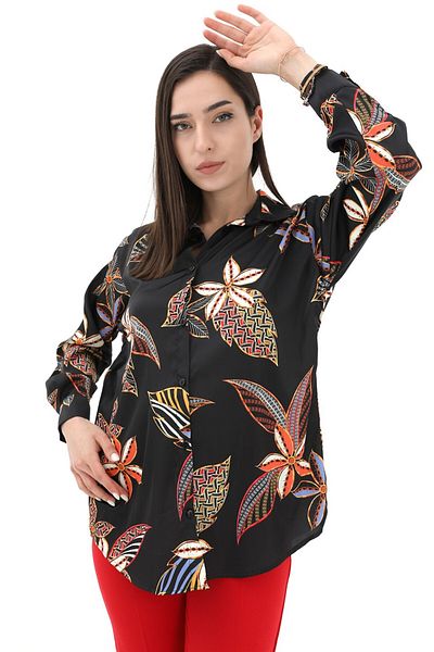 VAPUR Cămașă din satin cu imprimeu floral - neagră