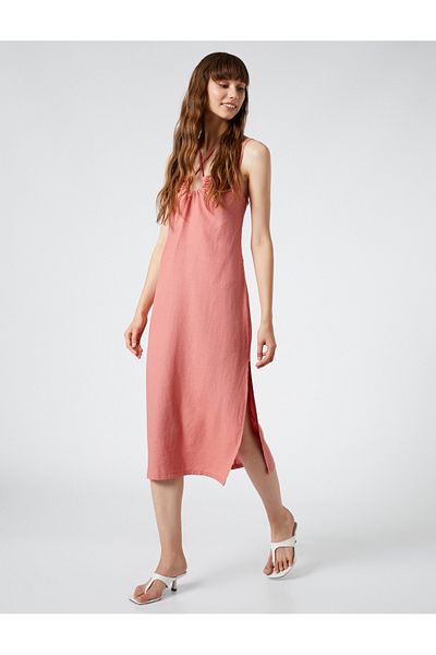 Koton Trägerkleid mit Neckholder und Perlendetail aus Leinenmischung