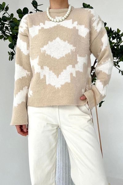 Ecenin Favorileri Pulover scurt cu gât crew raster - Stone-Cream