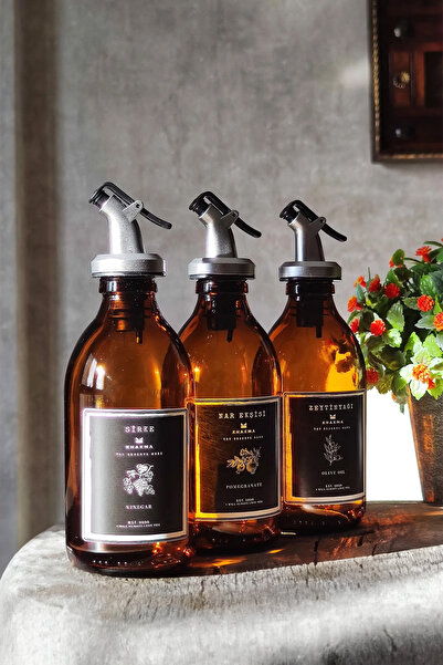 KHAKMA Amber Zeytinyağı Nar Ekşisi Sirke Şişesi Yağdanlık 3 lü Set 300ml Stantsız Sm3ç-sz