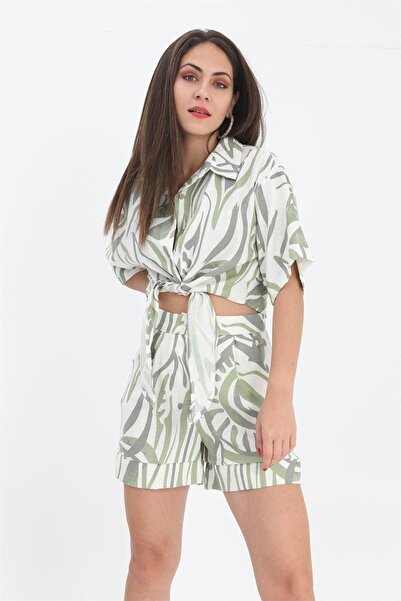 VAPUR TEKSTİL Зелена лляна коротка сорочка - зав'язується спереду