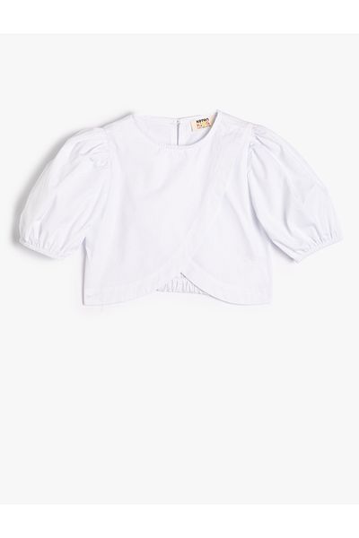 Koton Crop halenka asymetrického střihu se zapínáním na knoflíčky vzadu, krátké balónové rukávy, bavlna