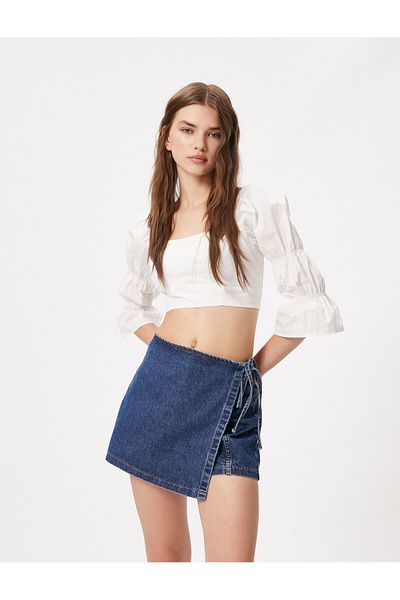 Koton Crop Blouse Square Neckline Low-cut Back Long Sleeve Gather Detailed Cotton