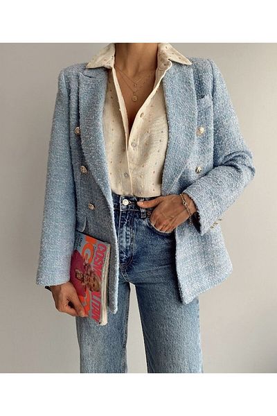 Miyore Sacou din Tweed Blazer cu nasturi aurii cu guler dublu sezon