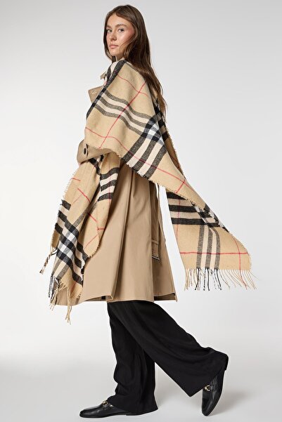 BALIENTE Μαλακό καρό μοτίβο με φούντες, χοντρό κασκόλ ώμου από σαφράν