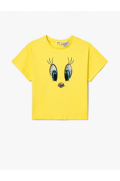 Koton Tweety T-Shirt Licensed Sequined Short Sleeve Crew Neck Cotton