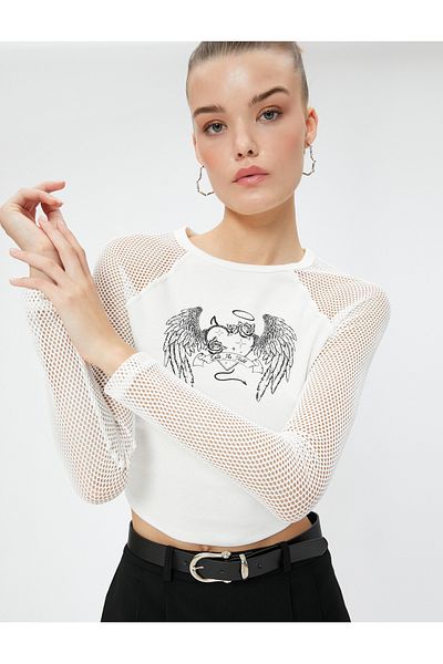 Koton Long Sleeve T-Shirt Mesh Detailed Printed Slim Fit Crew Neck