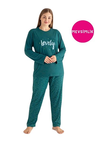 bie's Green Round Neck Large Oversize Viscose Pocket Large Size Seasonal Long Sleeve Pajamas Set