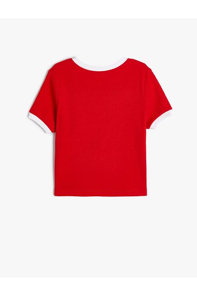 Koton Crop T-Shirt Short Sleeve Crew Neck Sequin Slogan Printed Cotton