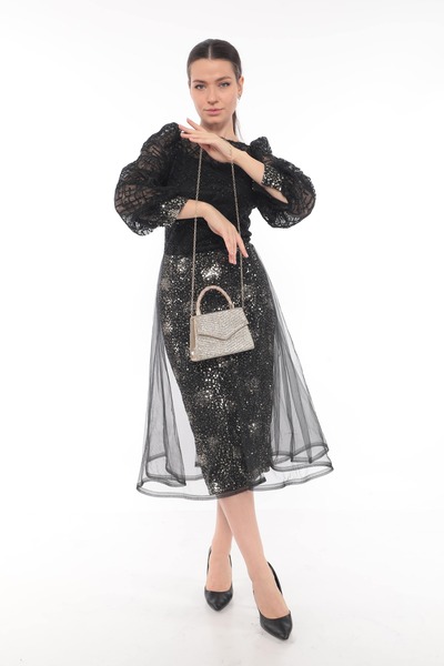 womenacs Gold Color Full Jewelled Chain Strap Stylish New Season Women's Evening Dress Portfolio Wedding Clutch Bag