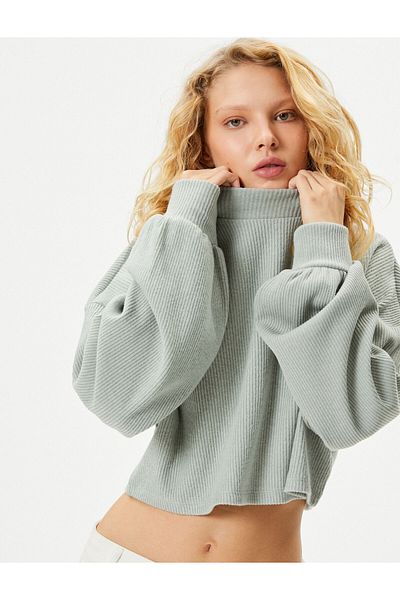 Koton Tricou cu mânecă cu balon cu gât roscat. Camolă cu textura moale