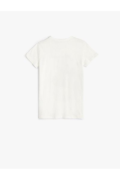 Koton T-Shirt Short Sleeve Crew Neck Cat Sequin Sequin Embroidered