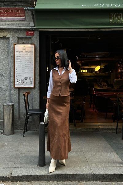 YOUR NAME Women's Brown Long Flared Suede Skirt