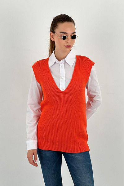 Miss Poem Women's V-Neck Sleeveless Strap Hijab Winter Orange Knitwear Sweater