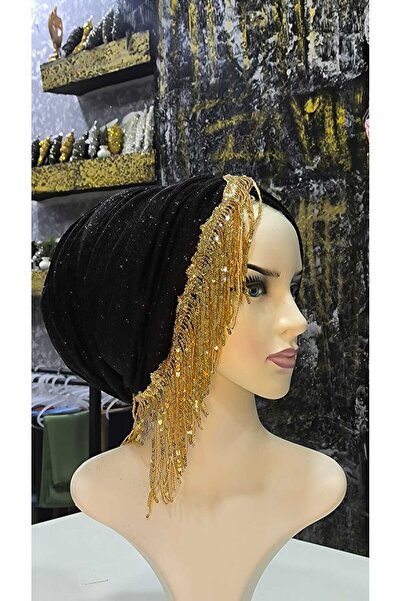 zagreus Kadın siyah simli kumaş büzgülü saçaklı bone