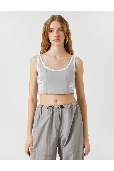Koton Crop Fitilli Atlet U Yaka Askılı Baskılı Pamuklu