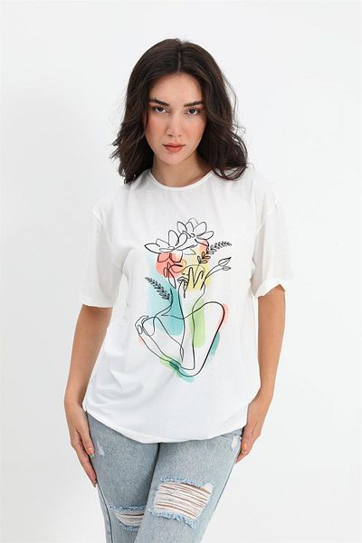 VAPUR TEKSTİL Tricou cu imprimeu floral cu decolteu ecru