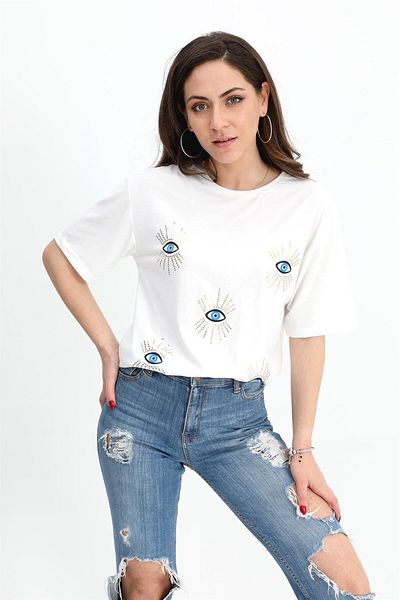VAPUR TEKSTİL T-shirt Crew Neck Eye Printed - Εκρού