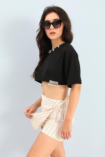 VAPUR TEKSTİL Pantaloni scurți Fustă Elastic Spate Talie In dungi - Negru