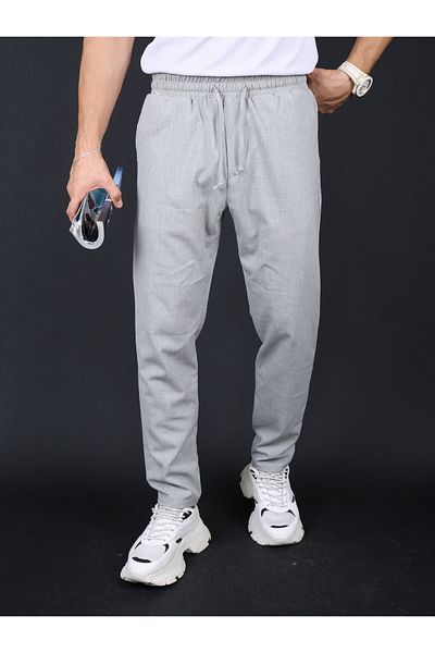 mavisima erkek giyimi Men's Gray Slim Fit Relaxed Cut Waist-Tied Side Pocket Back Pocket Jogger Pants