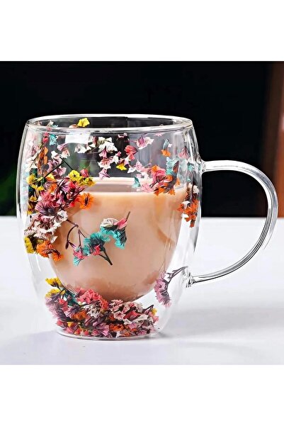 ellahomedekor Çift Cidarlı Çiçekli Bardak El Yapımı Borosilikat Sunum Bardağı