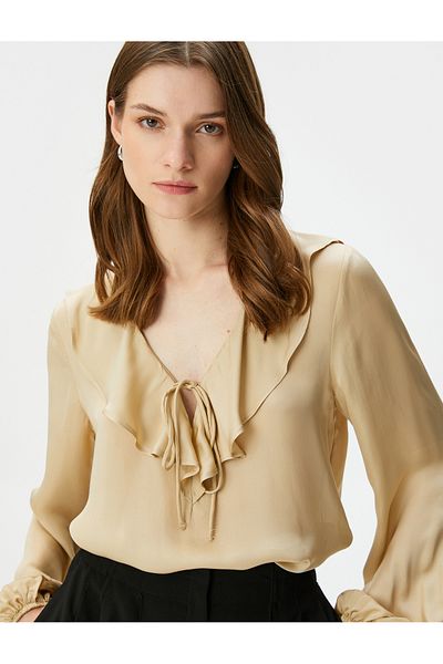Koton Satin Blouse V Ruffled Collar Tie Detailed Long Sleeve