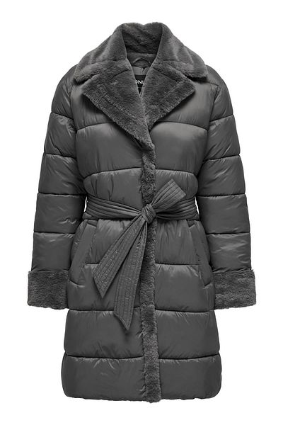 ONLY Women's Onlcuba Plush Collar Detailed Waist Tie down down Jacket 15322452   Gray