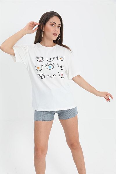 Moka Shopin Ecru Mokashopin T-Shirt - Eye Printed, Crew Neck