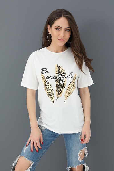 VAPUR TEKSTİL Tricou cu decolteu cu imprimeu cu frunze - Ecru