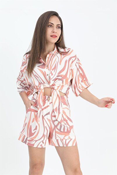 VAPUR TEKSTİL Şort Yüksek Bel Baskılı Keten - Turuncu