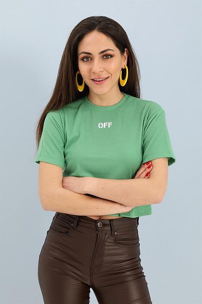 VAPUR TEKSTİL Tricou Crop Verde - Decolteu Crew, Off Text