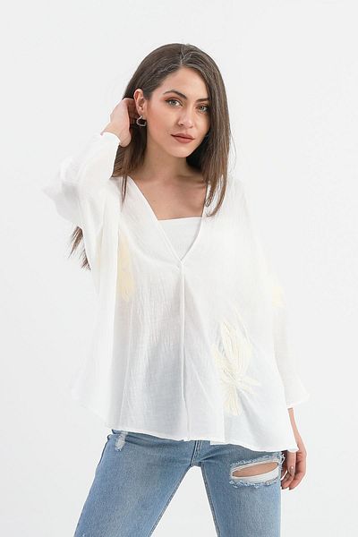 VAPUR TEKSTİL Ecru Linen Kimono - Sequin and Süzene Embroidered