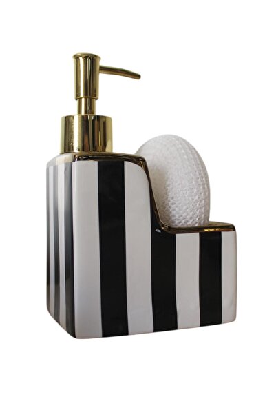 ALBETTO Porselen 500ml Sıvı Sabunluk Süngerlik Bölmeli Siyah Beyaz