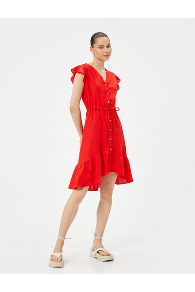 Koton Asymmetric Cut Linen Shirt Dress - Ruffled Waist, V-neck
